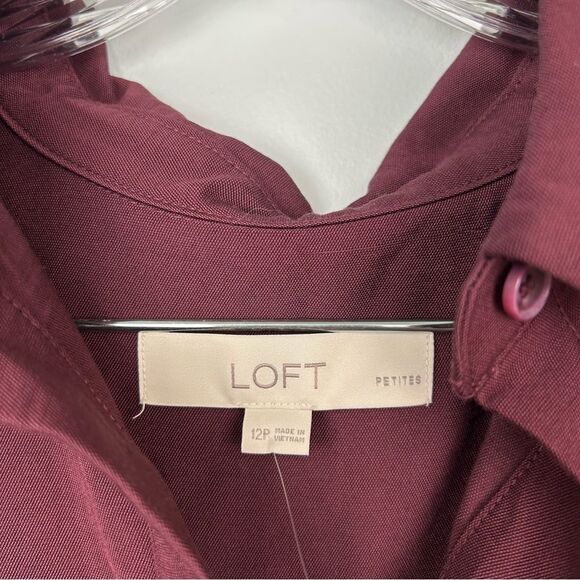 Loft Pleated Waist Midi Dress NO TIE Deep Burgundy Long Sleeve Button Front 12P - Picture 7 of 16